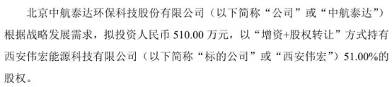 中航泰达拟投资510万以“增资+股权转让”方式持有西安伟宏5